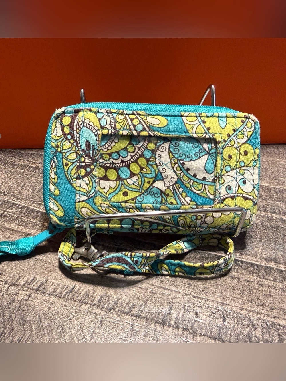 Vera Bradley vibrant turquoise, lime green, Quilted “Peacock” Wristlet Clutch